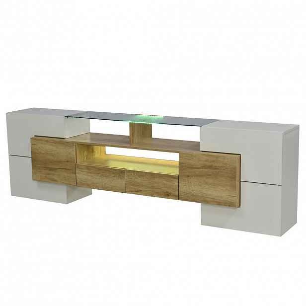 Redom TV stolek 200/35/60 cm s LED osvětlením, velkým úložným prostorem a lesklým povrchem, Přírodní