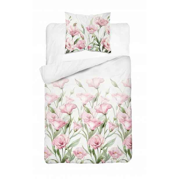 Povlečení saténové bílé růžové květy boho 140x200 elegantní mládežnické