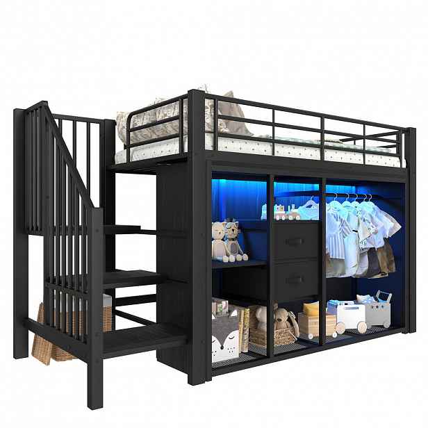 STILVORA HOCHBETT 90/200 cm in Schwarz mit 2 Schubladen, LED und offenem Kleiderschrank
