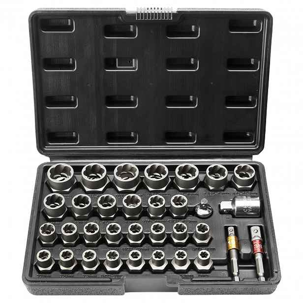 TEMU VEVOR Sada 29 ks extraktorů poškozených šroubů, 6 mm / 10 mm / 10,5 mm / 19 mm, CR-MO ocelové nástroje pro odstraňování poškozených šroubů s