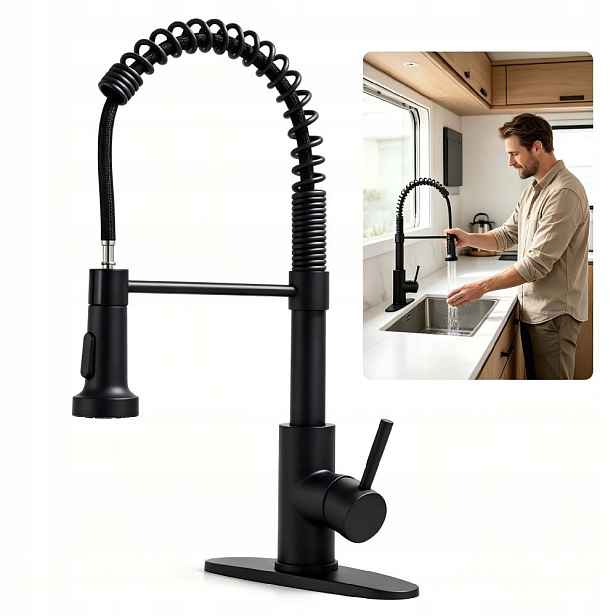 Vysoká černá kuchyňská baterie s flexibilní ramínko, 2 režimy sprchování/proud