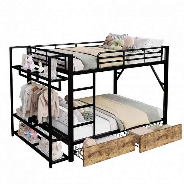 STILVORA ETAGENBETT 140/200 cm in Schwarz mit 2 Schubladen, Regal, LED und Kleiderstange