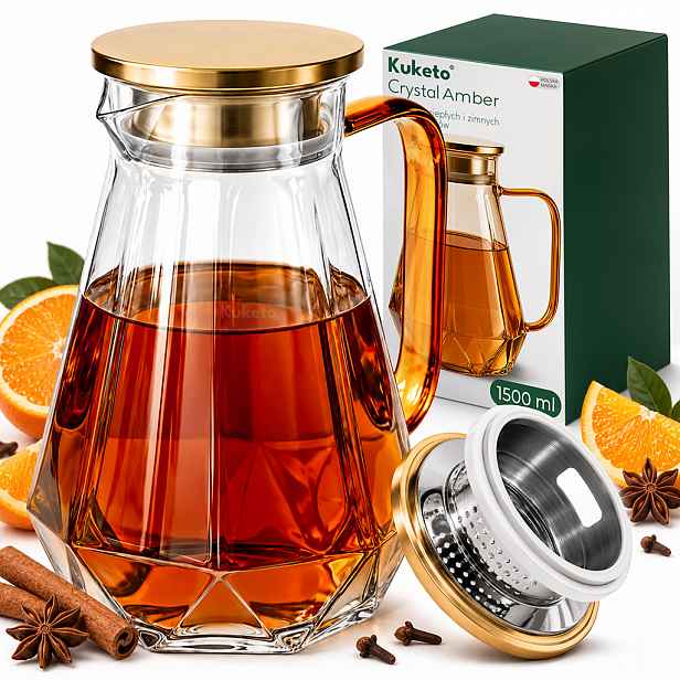 TEMU Kuketo - 1,5L Skleněná konvice s infuzérem, odolná vůči vysokým teplotám, na čaj, kávu, bylinky, ovocné nálevy, džusy a vodu, elegantní nerezová