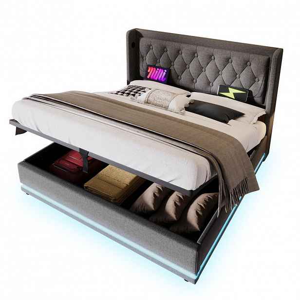 FLIEKS ČALOUNĚNÁ POSTEL 160x200 Šedá Bavlna LED USB-C