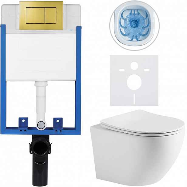 Kompletní WC set Profi/Cesso - bílá matná - WC tlačítko Classic/Zlatá - pro zazdění - 49x36 cm - 184971