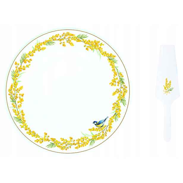Porcelánová Patrový Podnos Na Zákusky s lopatkou Talíř 32 cm mimóza a sýkorka