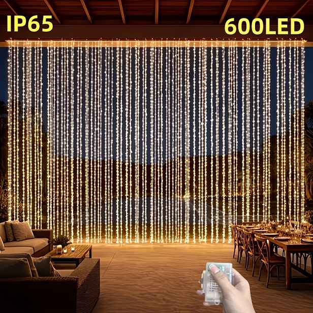 TEMU 1 balení LED pohádkových závěsných světelných řetězů se 600 LED žárovkami, 8 režimů venkovních závěsných světel, dekorativní osvětlení pro