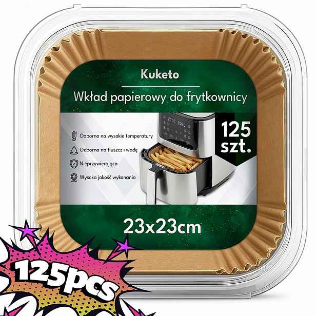 TEMU Kuketo - Papírové vložky do fritézy, 125 ks, 23x23 cm, Jednorázové formy pro bezolejovou fritézu, Pečicí papír do košíku | Papírové vložky do