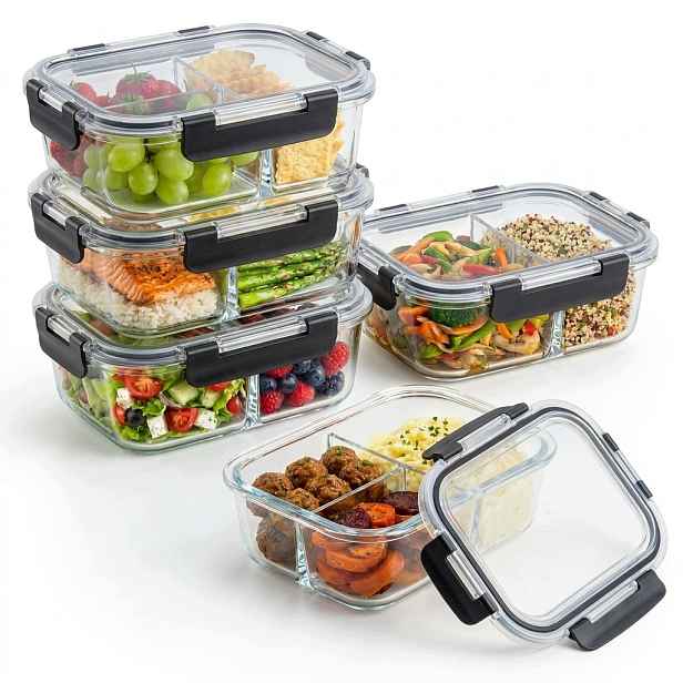 Skleněné Nádoby Na Potraviny 5x S Přepážkou Lunchbox 1040 ML Vzduchotěsné