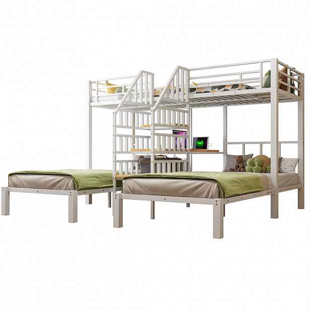 STILVORA ETAGENBETT 90/200 cm in Weiß mit LED, USB, Steckdose, Schreibtisch und Regal