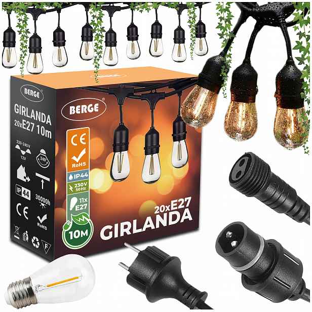 Zahradní girlanda Světelný Řetěz 10 m 20xE27 Komplet s Led žárovkami Berge
