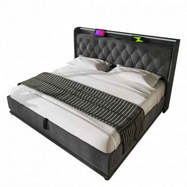 FLIEKS ČALOUNĚNÁ POSTEL 160x200 Šedá Len LED Úložný Prostor