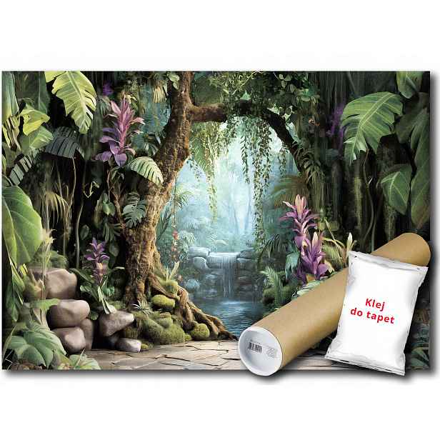 Vinylová fototapeta s motivem džungle, rostlin, listů, květin a vodopádu, rozměr 152x104