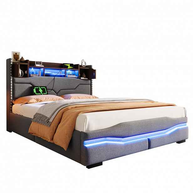 FLIEKS ČALOUNĚNÁ POSTEL 140x200 Šedá LED USB-C Čelo