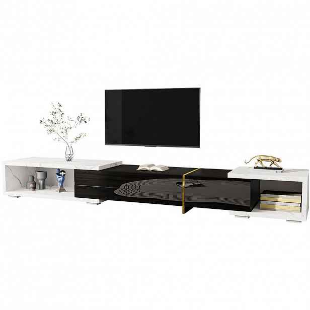 Redom TV stolek 140-260 cm s otočnou a roztažitelnou funkcí, velký úložný prostor, Černá/bílý mramor