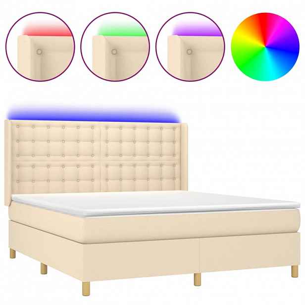 vidaXL Box spring postel s matrací a LED krémová 180x200 cm textil
