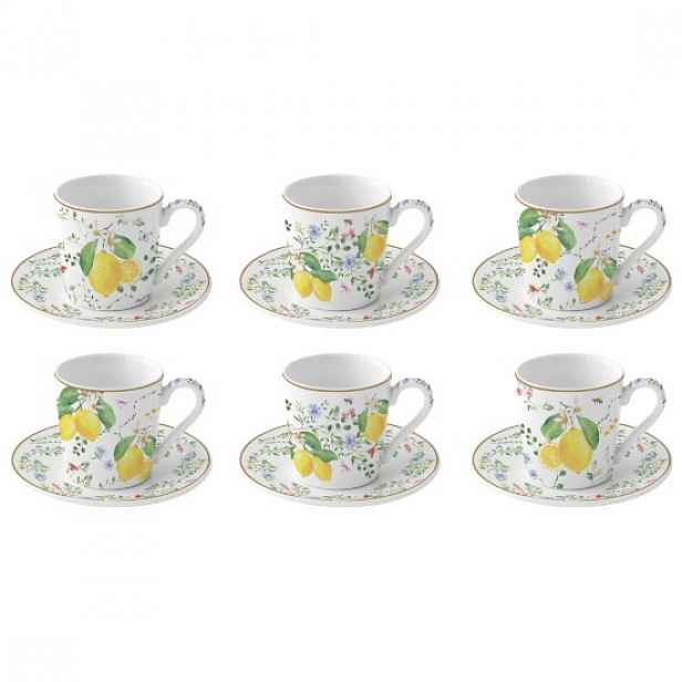Sada 6 šálků na kávu s podšálky, porcelán, 100 ml, "Fleurs et Citrons"
