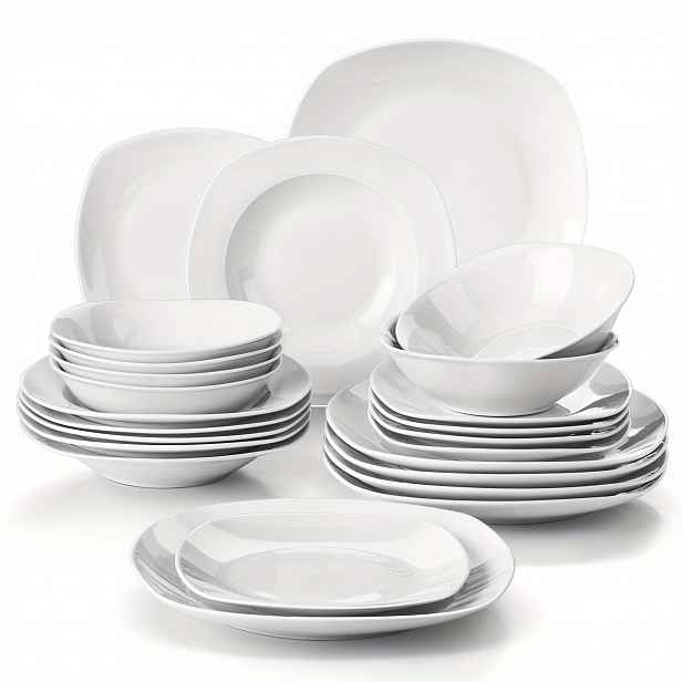 TEMU 24dílná jídelní sada z porcelánu slonovinové barvy s 6dílnými miskami na cereálie, 6dílnými talíři, 6dílnými dezertními talíři a 6dílnými