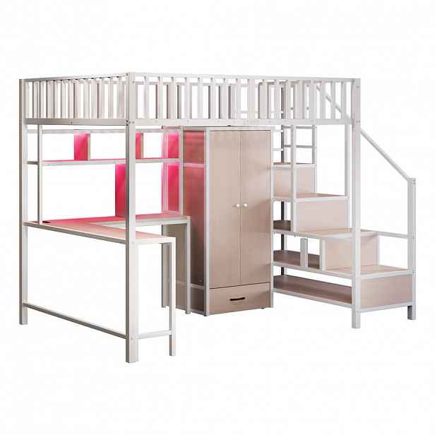 STILVORA HOCHBETT 140/200 cm in Weiß mit Schreibtisch, Kleiderschrank, Schubladen, Regal, LED und USB Metall