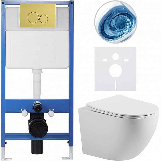 Kompletní WC set Profi/Cesso - bílá matná - WC tlačítko Duo. zlatá - předstěnová instalace - 49x36 cm