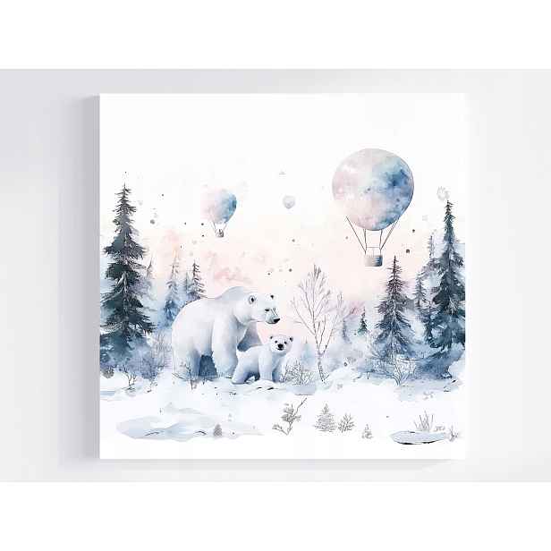 Obraz Na Plátně Canvas Zima Sníh Les Bílý Medvídek Medvídci Balóny Procházka 50x50