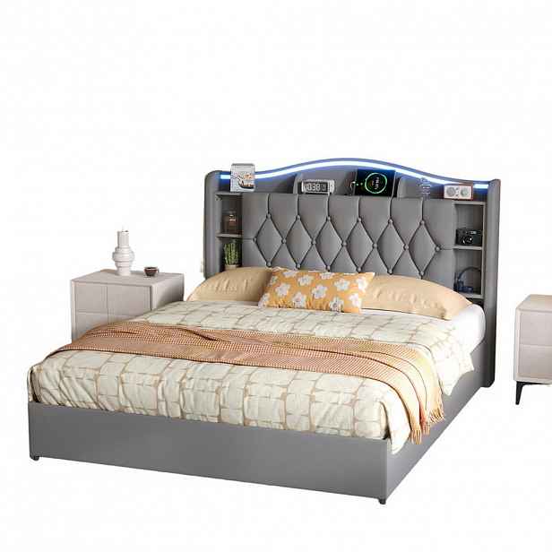 SHOPENTRA ČALOUNĚNÁ postel 140/190 cm šedá s úložným prostorem, LED a USB