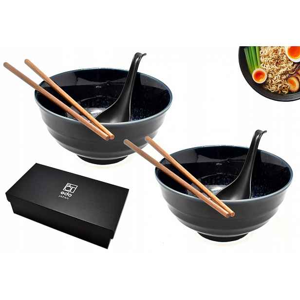 Sada 2 misek s lžícemi a hůlkami Udon Iro modrá 800 ml Box