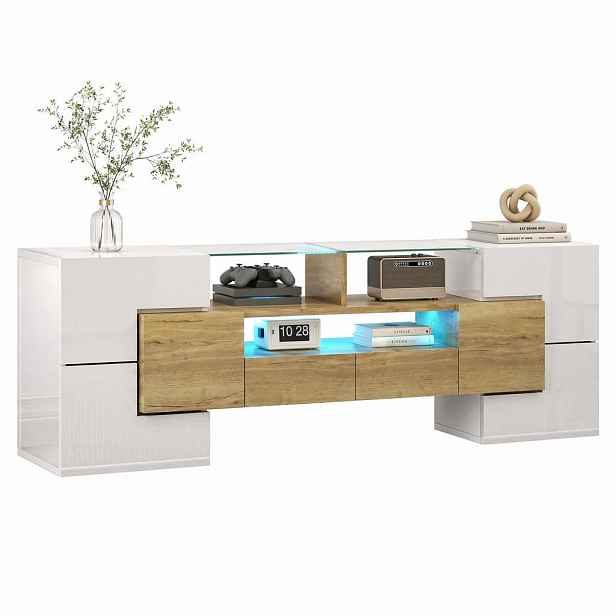 STILVORA TV STOLEK bílo-zlatý ve vysokém lesku s LED a skleněným povrchem, do obývacího pokoje, 145×30×51 cm