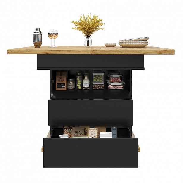 Redom ROZKLÁDACÍ jídelní stůl 110-140/80/75 cm z MDF s oboustranným výsuvem, úložným prostorem a tichým dovíráním, Černá, Přírodní