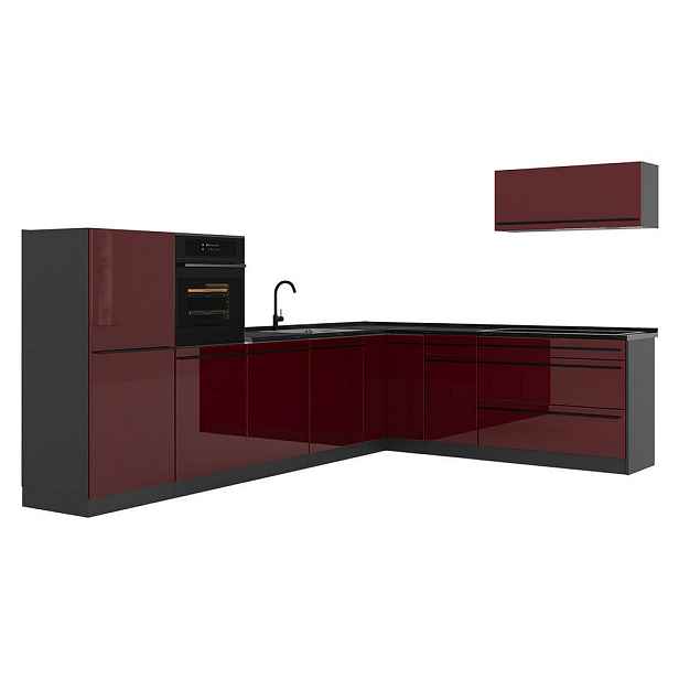 Vicco ROHOVÁ KUCHYŇ R-Line, Červená vysoký lesk/Antracit, 327 x cm pracovná doska antracitová