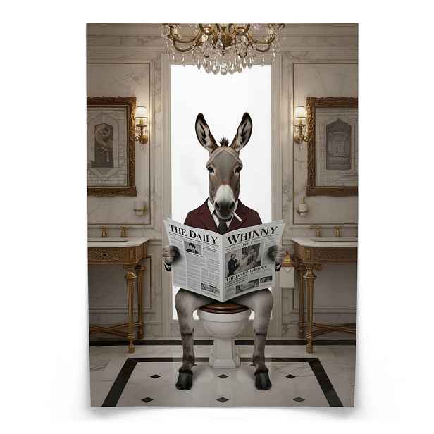 Muralo PLAKÁT do Koupelny a WC OSEL v Obleku na Toaletě s Novinami Glamour 50x70cm