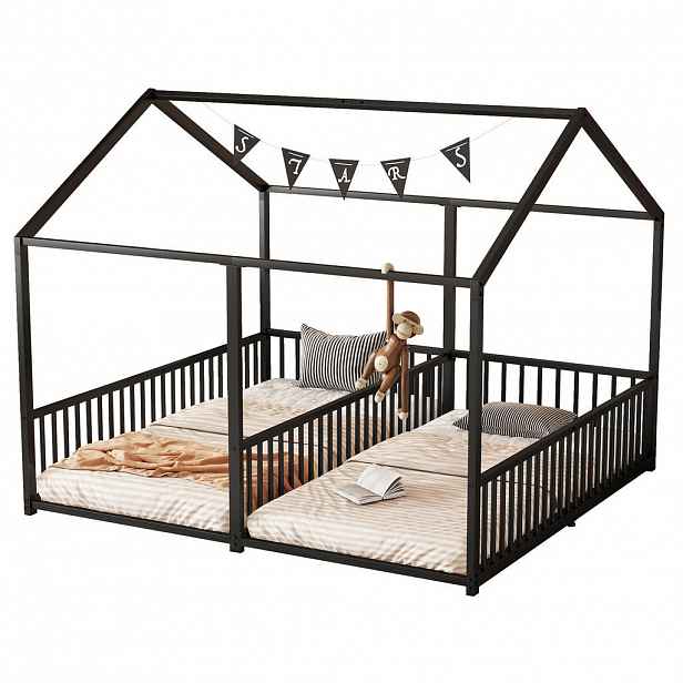 Redom PALANDA 90/200 cm s domkovým designem, zábradlím a žebříkem, kovová konstrukce, Černá