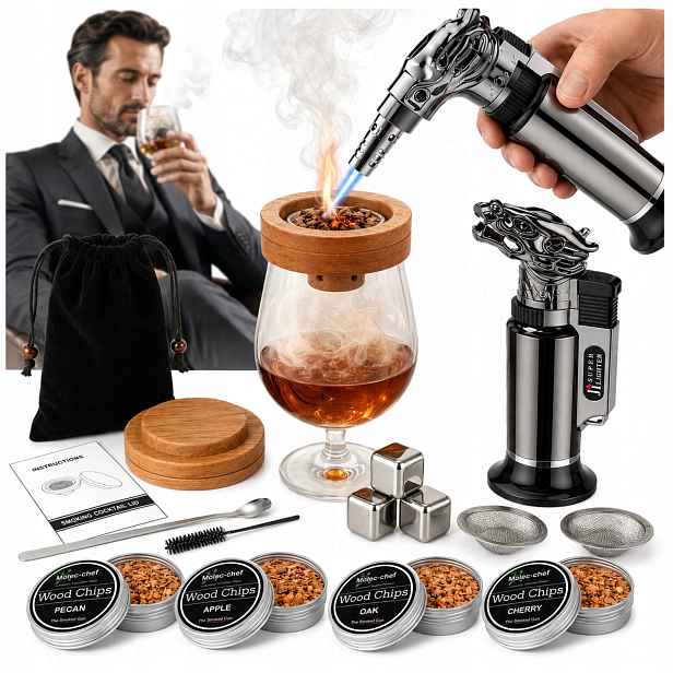Sada Na Uzení Whisky Smoker hořák 4 aromatické kostky do nápojů Premium