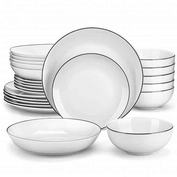 TEMU 24dílná sada bílého nádobí pro 6 osob, jídelní sada s černým okrajem - porcelánová sada nádobí obsahuje 6 X talířů, 6 X dezertních talířů, 6 X