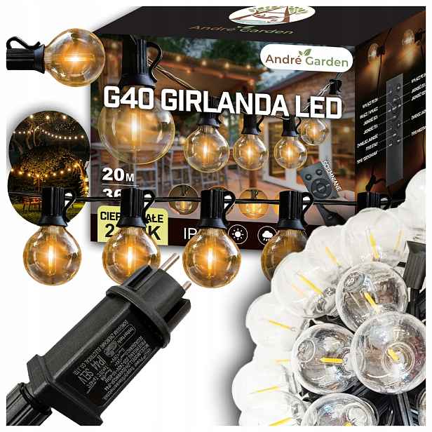 Zahradní girlanda Mta 20 m 36 x Led G40 Ovladač Stmívač Teplý IP44