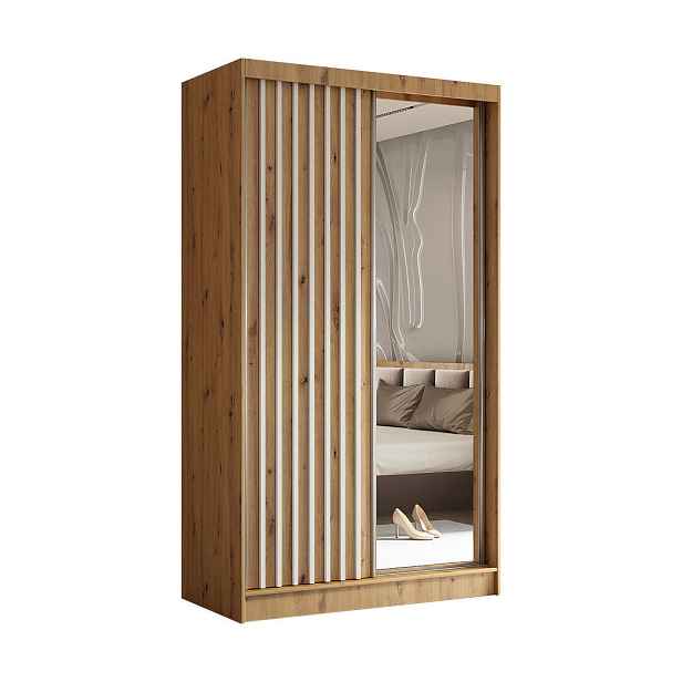 MASSENO ŠATNÍ SKŘÍŇ S POSUVNÝMI DVEŘMI LAMELLO, 120/216/61 cm 2dveřová se zrcadlem, dub Artisan