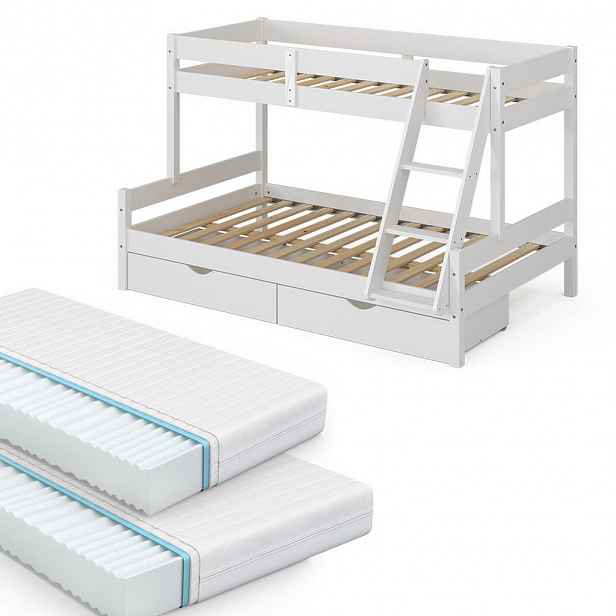 VitaliSpa PATROVÁ POSTEL Everest Bílá 120x200 / 80x200 cm se 2 matracemi a 2 zásuvkami