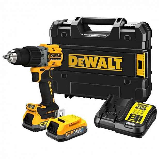 DeWALT - 18V AKU vrtačka s příklepem, 2x aku 1,7 Ah POWERSTACK, nabíječka DCD805E2T