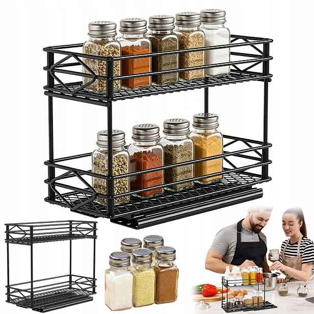 Organizér na koření Bedee z oceli, 2 patra, výsuvný, 15 kg, černý
