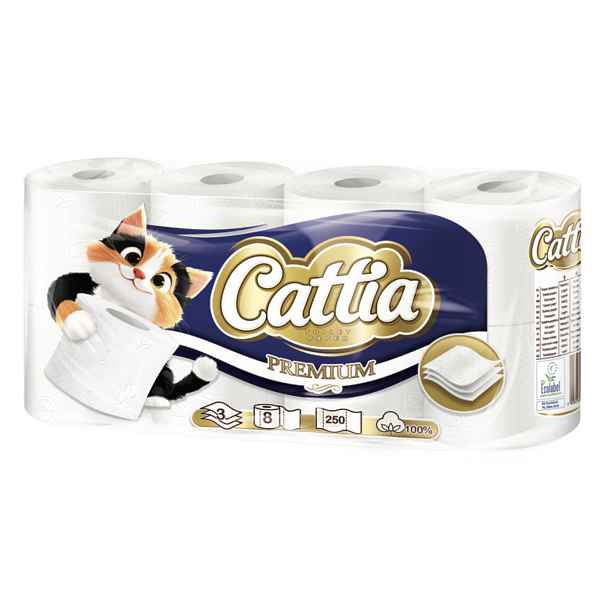 Toaletní papír Cattia 3-vr., extra bílá (bal.8ks) fialový velký návin