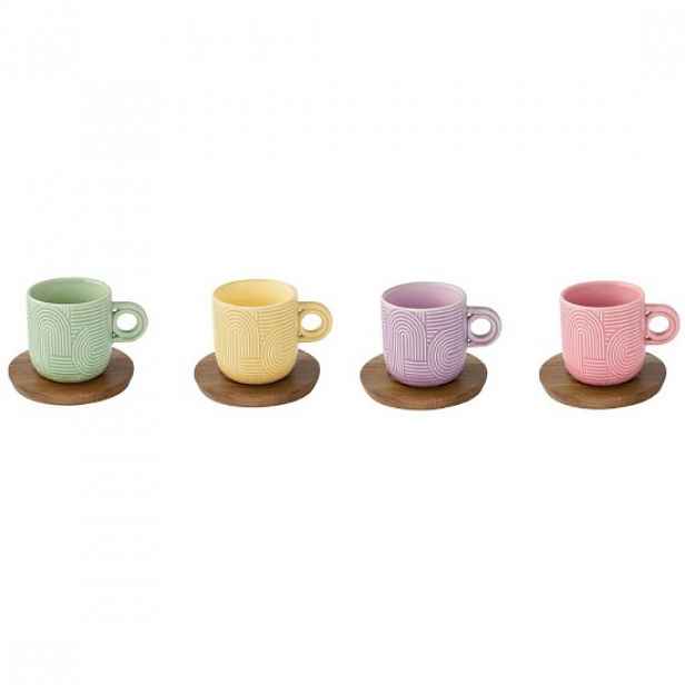 Sada 4 šálků na kávu, porcelán, 110 ml, s akáciovým podšálkem, "Take a