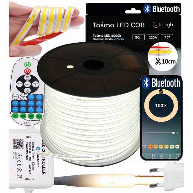 Set Led Pásek Cob 50 m 230 V Bílý Studený 6000 K Řezaný Každých 10 CM Bluetooth