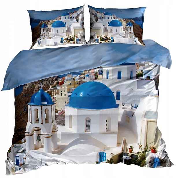 Povlečení 3D Bavlna Satén 200 x 220 cm Řecko Santorini
