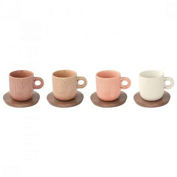 Sada 4 šálků na kávu, porcelán, 110 ml, s akáciovým podšálkem, "Take a