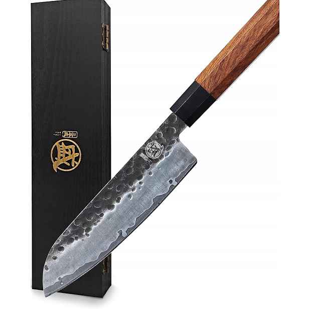 Nůž Kuchyňský Japonský Santoku 19 CM Ručně Kovaný Ocel Vysokouhlíková