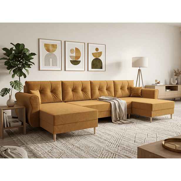Rozkládací sedací souprava do U SILVIANO 300x140 cm, hořčicová + 2 polštářky ZDARMA