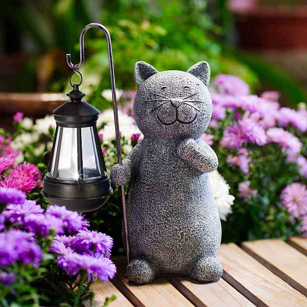 Yeomoo Zahradní dekorace Kočka se solární Led Šedá zahradní figurka R30