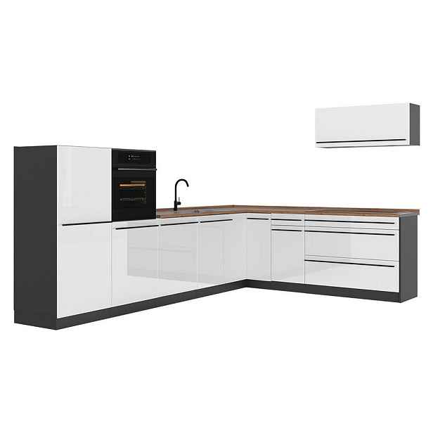 Vicco ROHOVÁ KUCHYŇ R-Line, Bílá vysoký lesk/Antracit, 327 x cm pracovná doska Dub Goldkraft