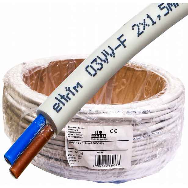 Kabel Omy 2x1,5mm 300V Lanko Cu měděné kulatý 50 m