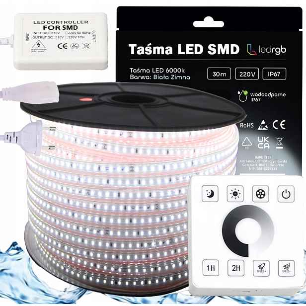 Set Led pásek Smd 230V 30m 6000K Bílý Studený Stmívač Dálkový Ovladač Rádiový